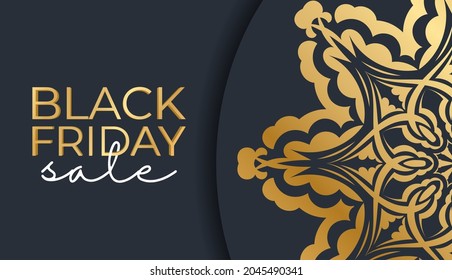 Black Friday advertising template in dark blue color with vintage gold ornament