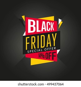 Black friday announcement. Sale discount banner. Retail sticker sign price reduction advertisement. Black friday sale offer modern vector. 50 percent sell-off illustration in graphic style
