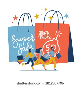 Black Friday Annual Grand Sale Event. Young characters buying things with a big discount. ig paper shoping bag with small customers running to store . Flat vector illustration.