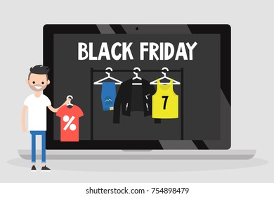 Black Friday Annual Grand Sale Event. Online shopping concept. Conceptual illustration. Big Fall Sale. Marketing. Young character buying clothes online with a huge discount