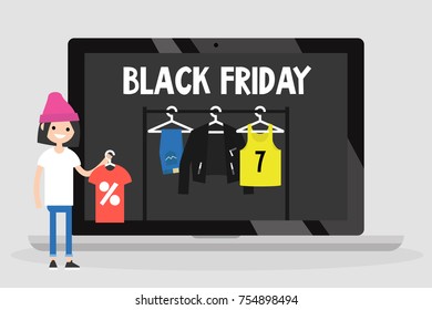 Black Friday Annual Grand Sale Event. Online shopping concept. Conceptual illustration. Big Fall Sale. Marketing. Young caucasian girl buying clothes online with a huge discount