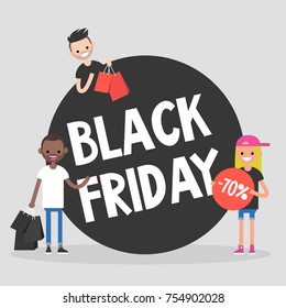 Black Friday Annual Grand Sale Event. Young characters buying things with a big discount. Black Friday sign surrounded by customers. Lifestyle. Flat vector illustration, clip art. Sticker