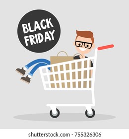 Black Friday Annual Sale Event. Young character sitting in the shopping cart. Lifestyle concept. Flat vector illustration, clip art 