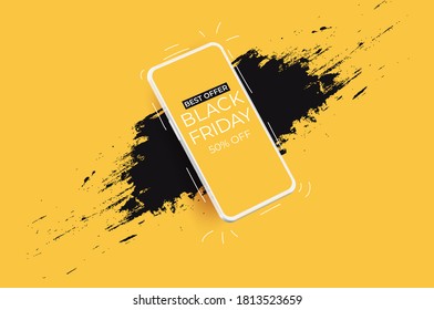 Black Friday app sale discount promotion social media poster background graphic template. Smartphone icon with striped store awning vector illustration