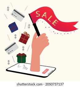  Black Friday, autumn discounts. Shop online. A hand appears from the Mobile with a flag and the text discounts, gift boxes, confetti, money and credit cards, buy. Flat vector
