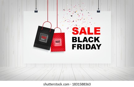 Black Friday background with abstract paper tag background on wood. Shopping promotion template for sale, discount, special offer and banner advertising campaign. Vector illustration.