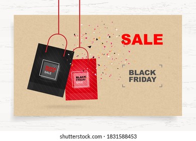 Black Friday background with abstract paper tag background on wood. Shopping promotion template for sale, discount, special offer and banner advertising campaign. Vector illustration.