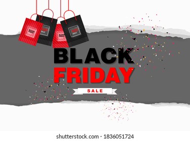 Black Friday background with abstract paper tag background on wood. Shopping promotion template for sale, discount, special offer and banner advertising campaign. Vector illustration.