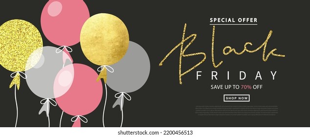 Black Friday Hintergrund mit Ballon. Modernes Design.Universeller Vektorhintergrund für Poster, Banner, Flyer, Karte.