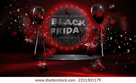Black friday background with blank podium and realistics gift box element and balloons on red circle frame and neon light effect and bokeh and gold ribbons. Vector illustration.