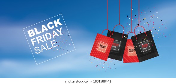 Black Friday background with blue sky. Shopping promotion template for sale, discount, special offer, product marketing and banner advertising campaign. Vector illustration.