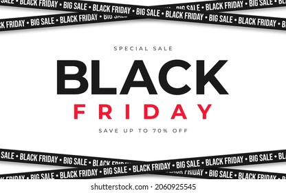 Black Friday background. Crossed ribbons and stripes with text on white background. Black friday promotional banner with space for text. Vector