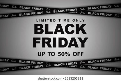 Fondo del Viernes Negro. Cintas cruzadas y rayas con texto en el fondo. Anuncio promocional del Black Friday con espacio para texto.