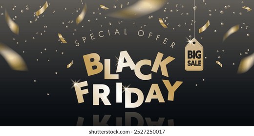 Black Friday background design with golden ribbon decoration. Vector illustration.