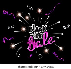 Black friday background with firework, serpentine and pink bow.  Vector illustration