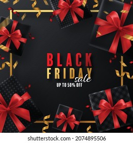 Black Friday background gift box, red ribbon and gold  Floating Ribbon with craft style.
