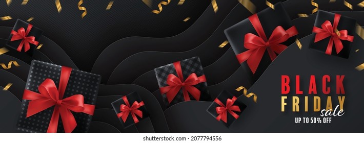 Black Friday background gift box, red ribbon and gold  Floating Ribbon with craft style.
