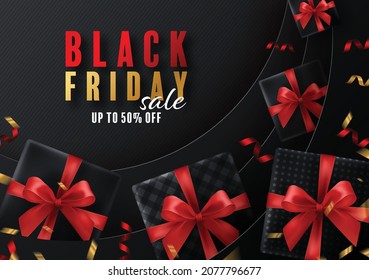 Black Friday background gift box, red ribbon and gold  Floating Ribbon with craft style.