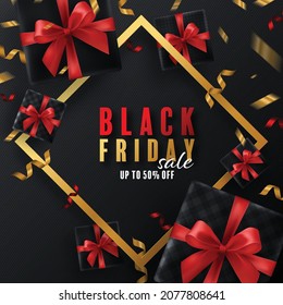 Black Friday background gift box, red ribbon and gold  Floating Ribbon with craft style.