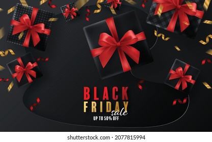 Black Friday background gift box, red ribbon and gold  Floating Ribbon with craft style.