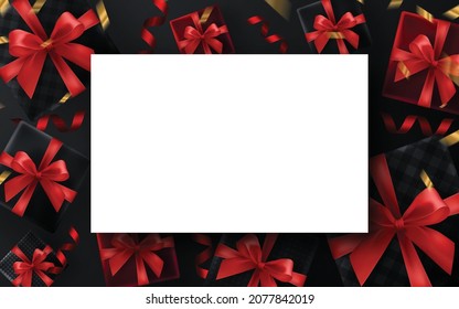 Black Friday background gift box, red ribbon and gold  Floating Ribbon with craft style.