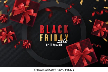 Black Friday background gift box, red ribbon and gold  Floating Ribbon with craft style.