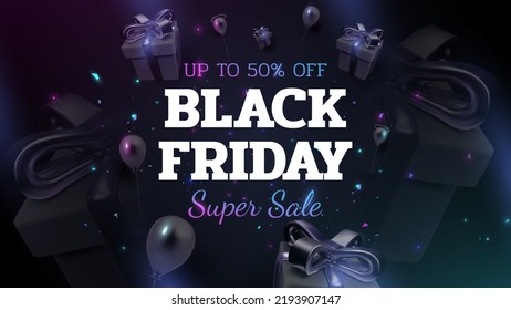 Black friday background and gift box decoration   balloons and glitter light effect element  3d realistic vector design 
