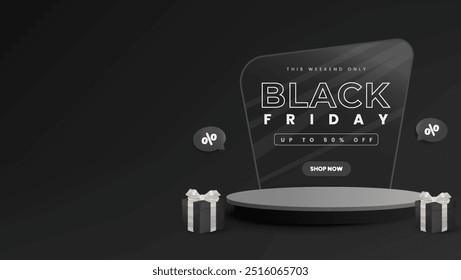 Fondo negro del viernes con la caja de regalo y el podio muestran la ilustración realista 3D conveniente para hacer publicidad, Anuncio, exhibiendo sus productos