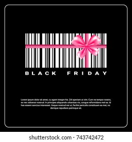 Black Friday Background With Gift Box Of Bar Code And Pink Bow Sale Banner Design With Copy Space Vector Illustration