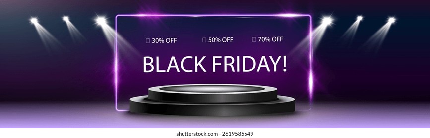 Black friday background with glowing spotlight, podium stage, neon light effect, purple smoke, luxury sale template.