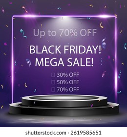 Black friday background with glowing spotlight, podium stage, neon light effect, purple smoke, luxury sale template.