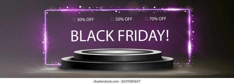Black friday background with glowing spotlight, podium stage, neon light effect, purple smoke, luxury sale template.
