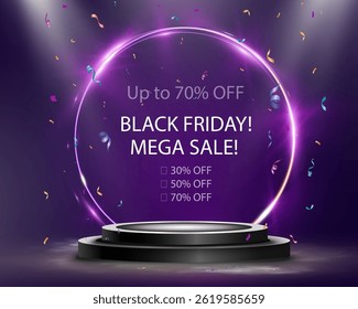 Black friday background with glowing spotlight, podium stage, neon light effect, purple smoke, luxury sale template.