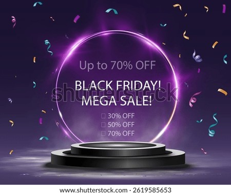 Black friday background with glowing spotlight, podium stage, neon light effect, purple smoke, luxury sale template.