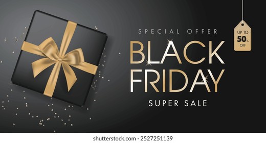 Black Friday Background with Gold Ribbon Decorated Gift Box. Vector illustration.