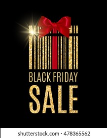 Black Friday background with golden glitter Present barcode. Sale concept. Vector illustration