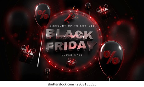 Black friday background with realistic gift box elements and balloons on red circle frame and neon light effects and bokeh. Discount label template design. Vector illustration.