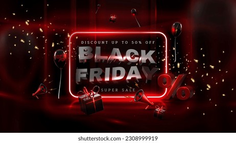 Black friday background with realistic gift box elements and balloons on red square frame and neon light effects and bokeh. Discount label template design. Vector illustration.