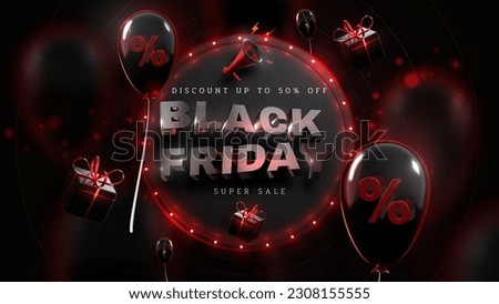 Black friday background with realistic gift box elements and balloons on red circle frame and neon light effects and bokeh. Discount label template design. Vector illustration.