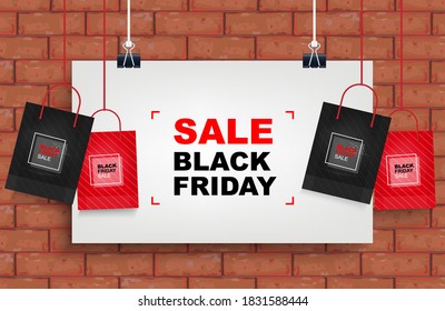 Fondo del viernes negro con pared de ladrillo rojo. Plantilla de promoción de compras para venta, descuento, oferta especial, marketing de productos y campaña publicitaria de banners. Ilustración vectorial.