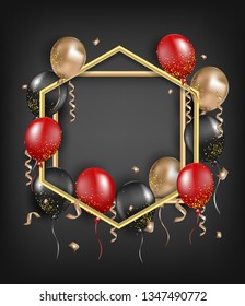 Black friday background with red, black, gold balloons, confetti, serpentines. Banner for party, events, holidays, birthday. Vector.