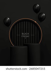 Fondo de Black Friday con podio redondo, arco dorado y globo cayendo. Mínima pantalla de maqueta con pedestal para la presentación del producto. Escena de pared de lujo. Ilustración vectorial realista