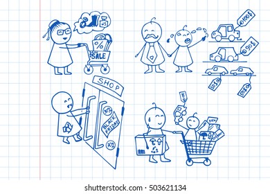 Black friday background. Shopping doodles set. Hand drawn vector illustration on notebook page.