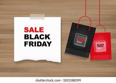 Black Friday background with white paper on wood. Shopping promotion template for sale, discount, special offer, product marketing and banner advertising campaign . Vector illustration.