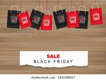 Schwarzer Freitag-Hintergrund mit weißem Papier auf Holz. Verkaufsförderungsvorlage für den Verkauf, Rabatt, Sonderangebot, Produktmarketing und Werbebanner-Kampagne . Vektorgrafik.