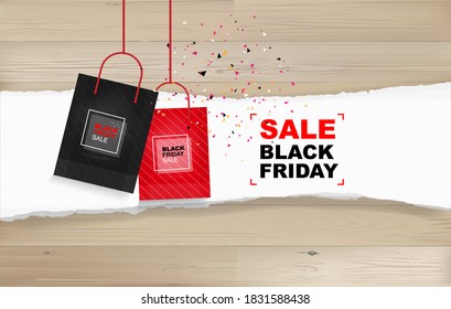 Schwarzer Freitag-Hintergrund mit weißem Papier auf Holz. Verkaufsförderungsvorlage für den Verkauf, Rabatt, Sonderangebot, Produktmarketing und Werbebanner-Kampagne . Vektorgrafik.