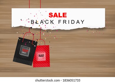 Schwarzer Freitag-Hintergrund mit weißem Papier auf Holz. Verkaufsförderungsvorlage für den Verkauf, Rabatt, Sonderangebot, Produktmarketing und Werbebanner-Kampagne . Vektorgrafik.