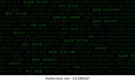 Black friday background of zeros, ones and inscriptions in dark green colors