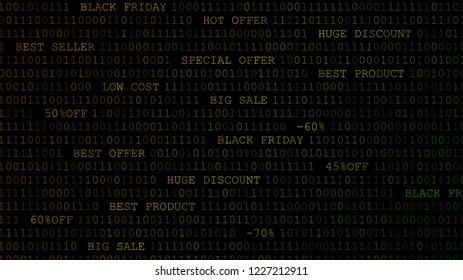 Black friday background of zeros, ones and inscriptions in dark yellow colors