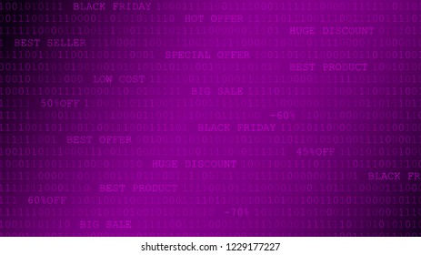 Black friday background of zeros, ones and inscriptions in purple colors